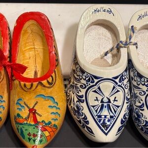 2 pr miniature clogs painted souvenirs Holland trip handmade wooden Dutch decor